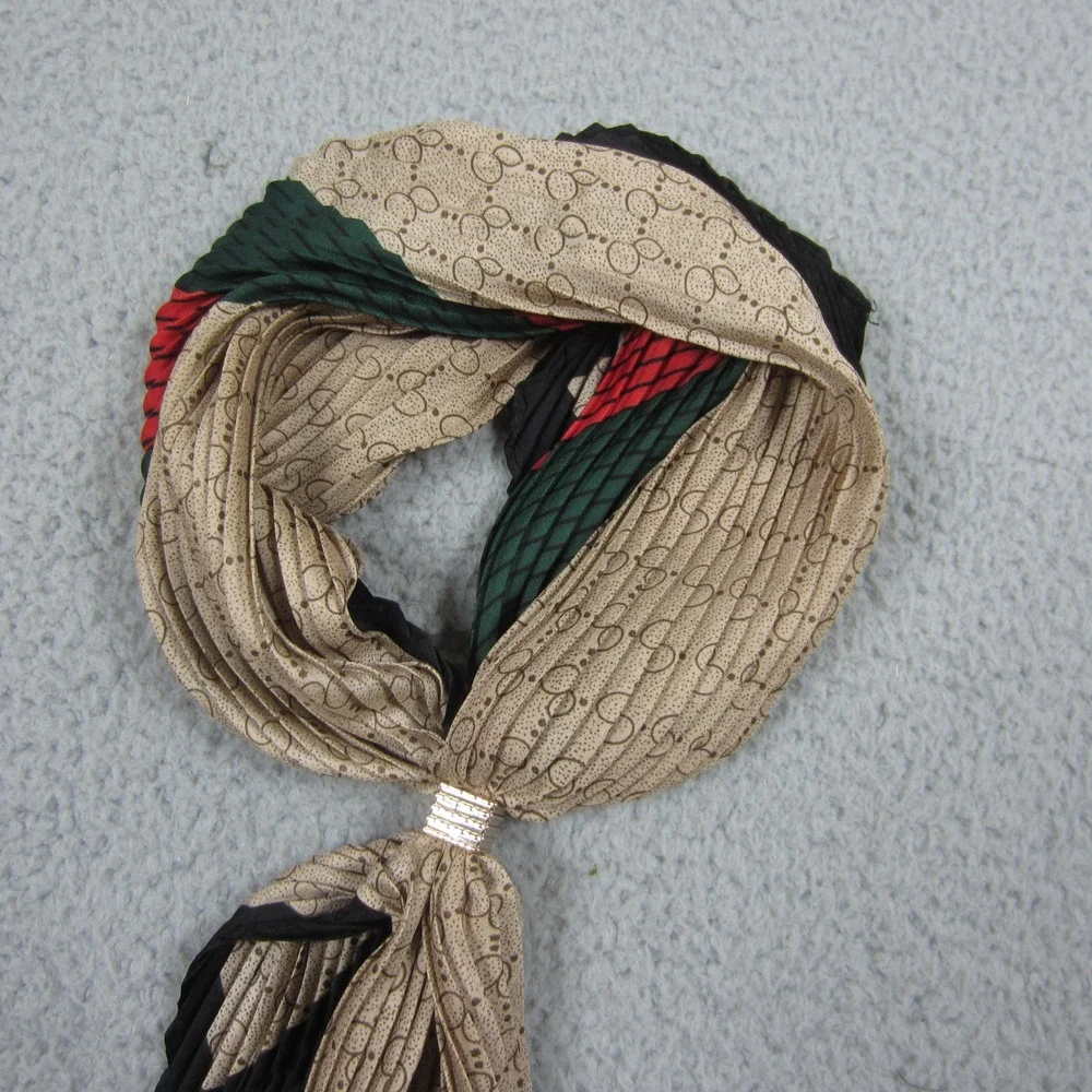 Womens Scrarf Silky Square Tan Monogram Pleated‎ Green Red Stripe Gold Slide